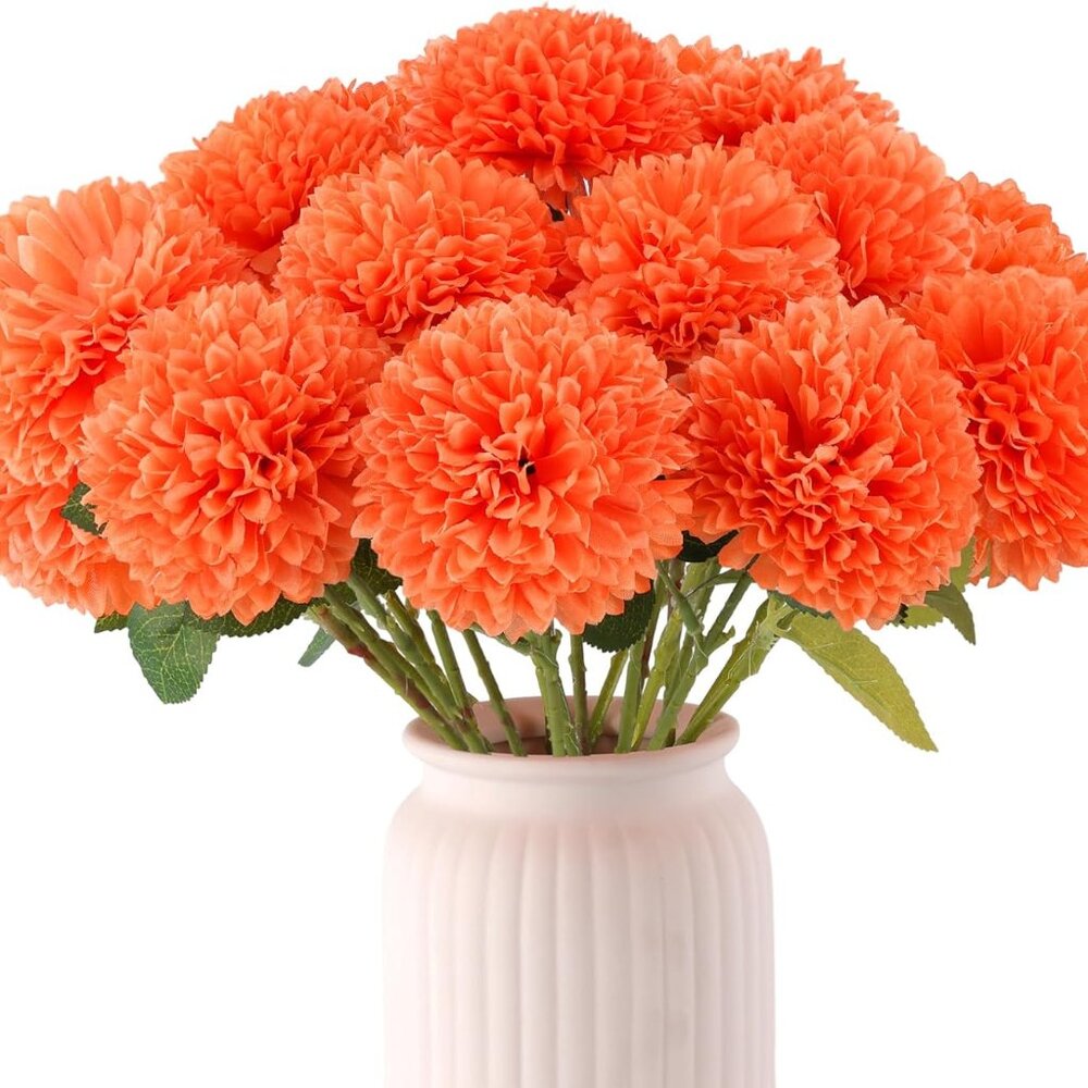 New 12 Pcs Artificial Chrysanthemums Flowers Marigolds Ball Flower, Orange Fake